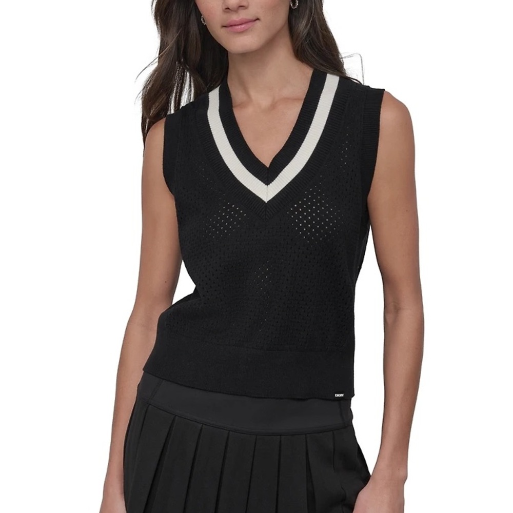 DKNY Open-Knit Sleeveless V-Neck Sweater